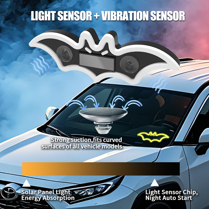 Led El Wire - コウモリ柄の車用LEDカラフル三角窓ソーラー装飾ライト。配線不要のワイヤレス式で、車内を彩る雰囲気のあるネオンライト。