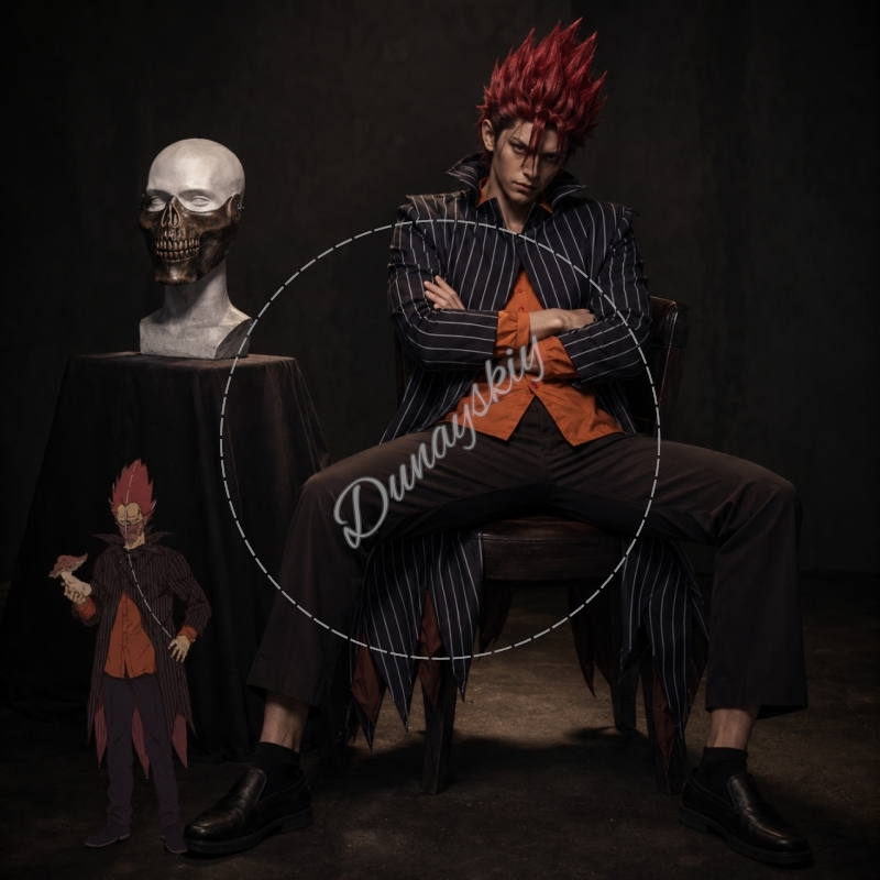 Prop En Cosplay - エンオレンジシャツパンツフルセットマスク小道具ストライプロングテールコートアニメ制服裾ハロウィン衣装ドロヘドロコスプレ衣装
